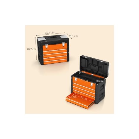 Caisse à outils vide orange en acier avec 4 tiroirs et compartiment supérieur, dotée d'une poignée pour atelier garage et bricolage (1/5)