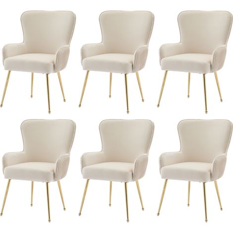Sedia da pranzo in velluto beige, set da 6, con braccioli e gambe in metallo dorato (1/5)