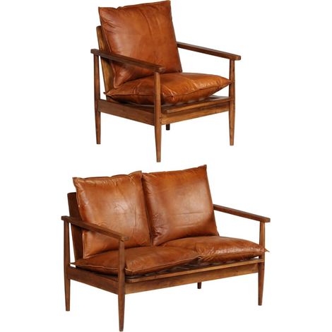 2 pcs Ensemble Canapés droits de relaxation Canapé relax - Canapé de salon Marron Cuir véritable et acacia BV464975 - BonneVie (1/5)