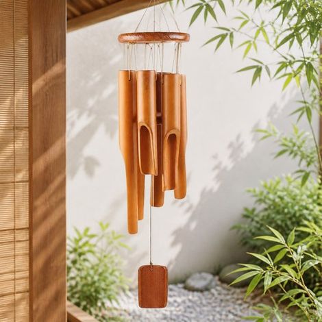 Carillon éolien en bois à six tubes — 75 cm — Convient pour l'intérieur et l'extérieur — Fabriqué en bambou et en bois — Décoration de terrasse — La touche finale parfaite pour votre terrasse ou patio (1/5)