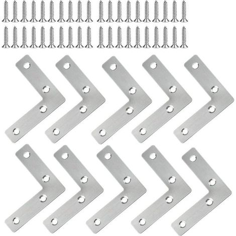 Équerres d'angle en Acier Inoxydable 10 Pièces - Support de Fixation Meubles Plate Réparation Plaques Connecteur en Forme de L avec Vis, 60 60mm (1/4)