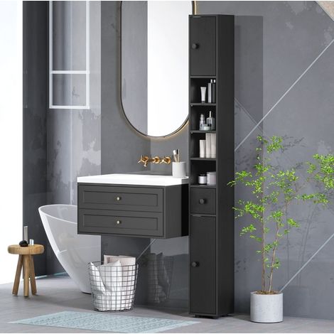 Armoire de salle de bain étroite 20x20x180 cm en panneau de particules noir, gain de place – MEUBLIV (1/5)