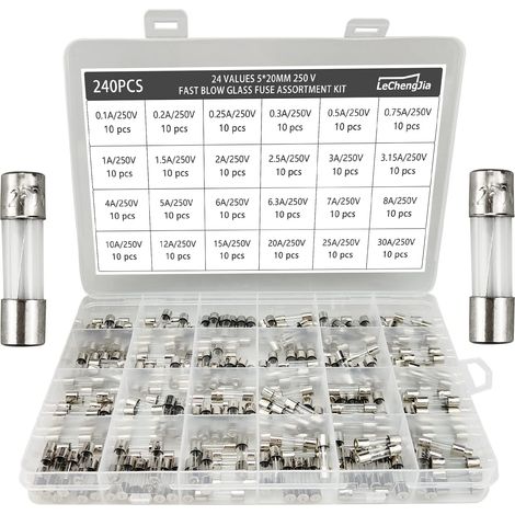 240-teiliges Sortiment an trägen Sicherungen (5 x 20 mm, 250 V, 0,1/0,2/0,25/0,3/0,5/0,75/1/1,5/2/2,5/3/3,15/4/5/6/6,3/7/8/10/12/15/20/25/30 A) – Transparente Kunststoffbox