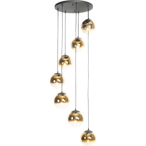 Smarte Pendelleuchte Schwarz mit Goldglas 7-flammig inkl. 7 Wifi A60 - Pallon