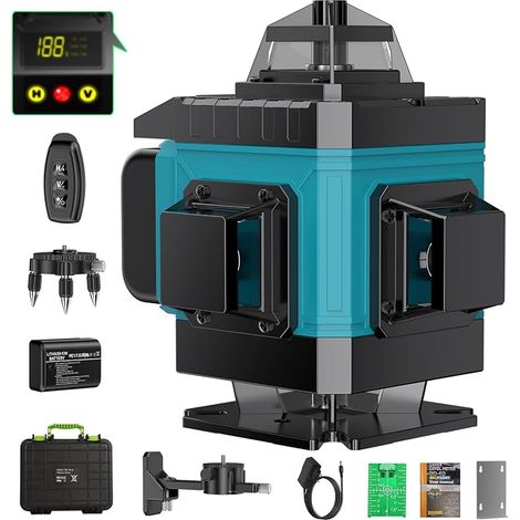 Self-leveling Laser Level 360° x 4, Lazer Levels 4D 16 Laser Lines, Self-Leveling and Outdoor Pulsed Mode, 2 x Battery, Automatic Levelling, Rotary Support, Remote Control (1/5)