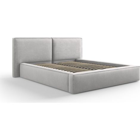 Lit coffre + 2x tête de lit 160x200 tissu structurel gris clair (1/4)