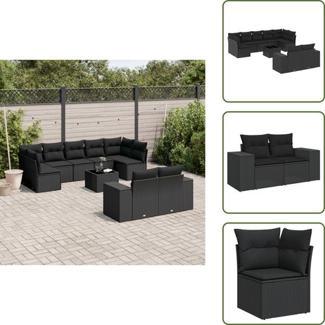 The Living Store 10-tlg. Garten-Sofagarnitur mit Kissen Schwarz Poly Rattan - Gartenmöbel - Esszimmergarnitur - Rattan Möbel - Outdoor Möbel - Lounge Set (1/5)