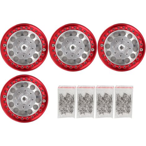 4 Pièces Jantes Aluminium Beadlock 1.9 Pouces pour SCX10, Voiture RC 1/10 Crawler (Argent Rouge) (1/5)