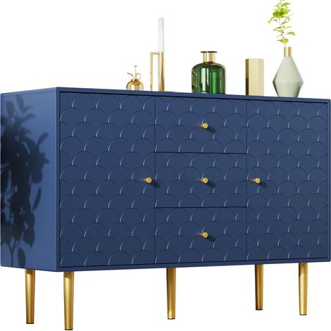 Buffet 2 portes et 3 tiroirs avec étagère réglable, meuble de rangement bleu marine pour salon et chambre, structure métal et bois – CHICFURN (1/5)