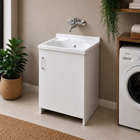 Mobile lavatoio 50x50 cm bianco con 1 anta completo di vasca in resina e kit sifone (1/5)