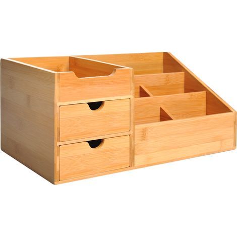 Organizador de escritorio de bambú natural, con 2 cajones, 6 compartimentos y una estantería, 33 x 20,5 x 15,5 cm. (1/5)