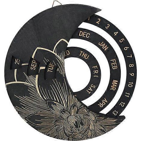 Calendrier suspendu en bois, calendrier perpétuel circulaire lunaire, calendrier suspendu ajustable (1 pièce, noir) (1/5)