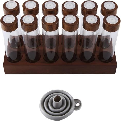 Juego de 12 tubos para almacenar granos de café, platillo para granos de café, soporte de madera y embudo, accesorios para (1/5)