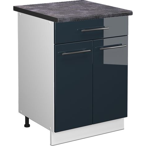 Mueble bajo de cocina Fame-Line, Azul oscuro alto brillo, 60 cm con cajón, ET Antracita, Vicco