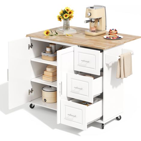Grande table de cuisine mobile 137x43(76)x92 cm,plan de travail effet chêne,design rabattable,meuble multifonction avec 3 tiroirs et porte-serviettes,adapté pour cuisine et salle à manger