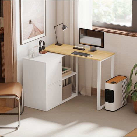 Escritorio esquinero giratorio 360° con 2 armarios y 2 estantes abiertos blanco OKMYHOME (1/5)