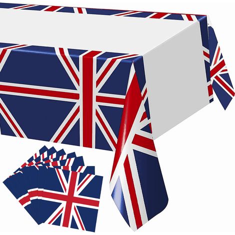 Nappe Table - Drapeau Britannique - 220 x 130 cm - En Polyéthylène PE - Pour Fête Intérieure Extérieure - Lot de 1 Nappe + 16 Serviettes (1/5)