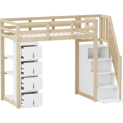Letto a soppalco 90 x 200 cm in legno naturale con 4 cassetti e scaffali (1/5)