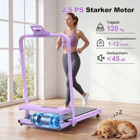 Tapis de course 3-en-1 pliable inclinable 10 %, 1-12 km/h, charge max. 120 kg, violet DESVIAE (1/5)