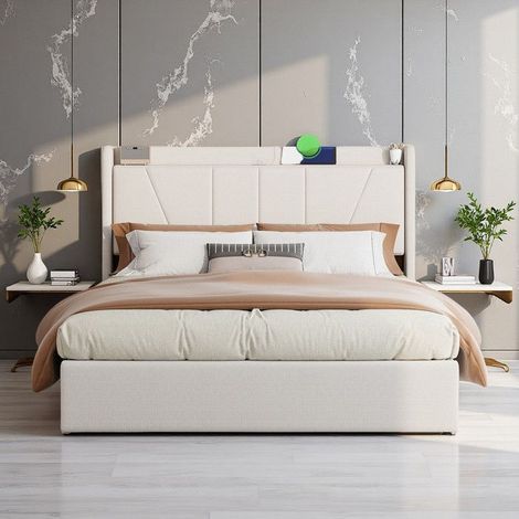 Cama Doble 160x200cm - Cama Cofre Hidráulica - Tela de Lino Ecológico - Almacenamiento Práctico - Carga USB/Tipo-C