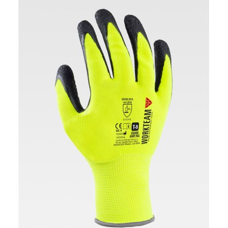 Guantes de 13 galgas, con soporte de poliéster y recubimiento de látex rugoso WORKTEAM G6000 (12 pares) 8 Amarillo flúor / Negro