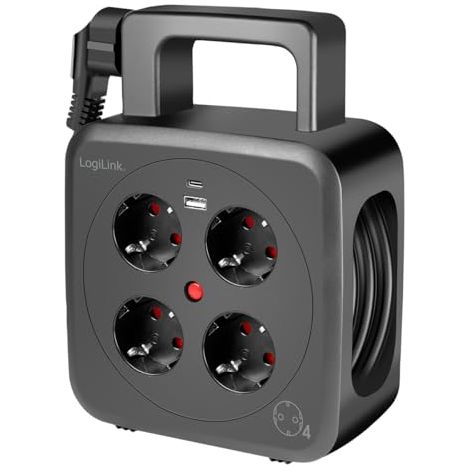 LogiLink LPS504 - Carrete de Cable de 5 m con 4 Tomas (protección de Contacto), 1 Puerto USB-A y 1 Puerto USB-C, Clase de protección IP20 y disyuntor térmico de protección contra
