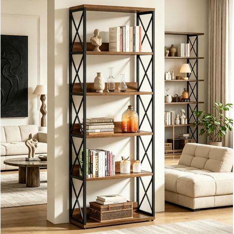 Libreria 60 x 30 x 178 cm in metallo e legno nero per soggiorno moderno FloraGrace (1/5)