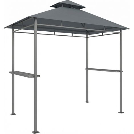 Pabellón con parrilla de 2,4 x 1,4 m, techo ventilado y estantes laterales.