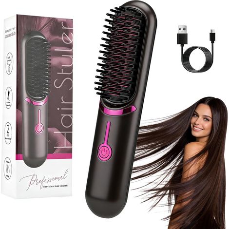 Brosse Lissante Portable, Mini Lisseur Cheveux 160-200℃ avec 3 Températures, Céramique Anti-BrûLure, Peigne Lisseur Ceramique Ionique Spéciale Cheveux Frisés et Crépus (Noir) (1/5)
