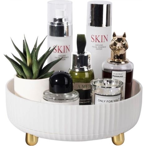 360-degree rotating storage tray for cosmetics, perfumes, lotions, skincare, for dressing table, bathroom, small size, ivory (1/5)