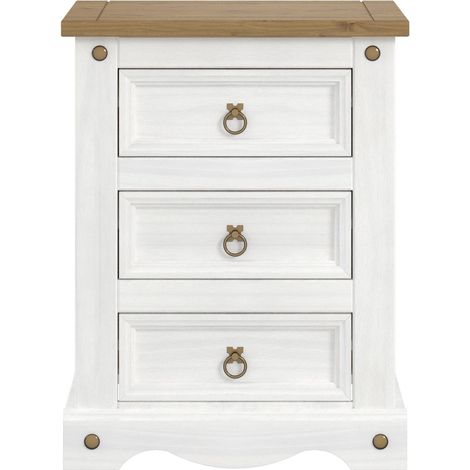 3 Drawers Bedside Cabinet Solid - Pine/Particle Board - 53 x 38 x 68.5 cm - White Wax/Antique Waxed Pine (1/3)
