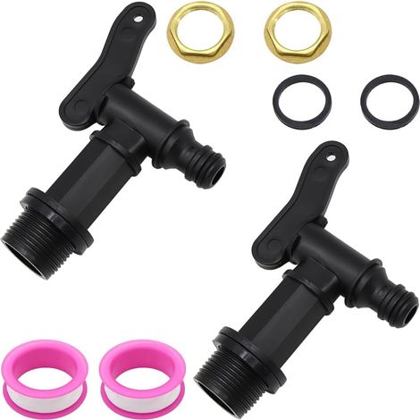 2 Pièces Robinet Cuve Eau de Pluie 3/4 Pouces Robinet Plastique Jardin avec Écrou de Contre-Écrou et Ruban D'étanchéité Robinet de Jardin pour Réservoir d'eau de Pluie(Noir) (1/5)