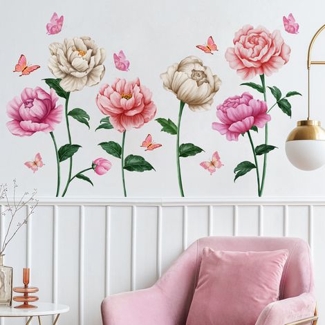 Lntyq Stickers Muraux Salon Fleurs Papillon Autocollant Mural Fleur Rose Sticker Muraux Fleurs Plantes Décoration Murale pour Salons Chambres Adulte Bureaux Enfants Bébé Pépinière