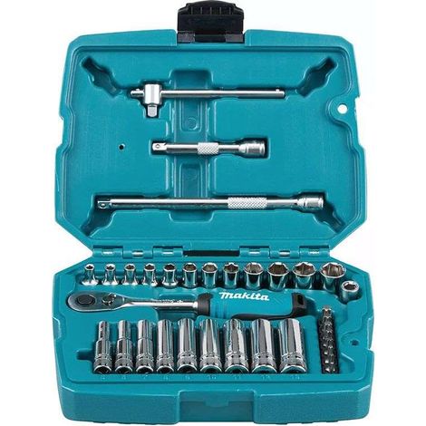 Makita – Coffret cliquet et douilles 34 pces – Prise carrée 1/4" – Acier chrome-vanadium – Engrenage 84 dents pour couples élevés (1/6)