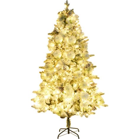Sapin de Noël Arbre de Noël pré-éclairé avec neige floquée/cônes 225cm PVC/PE (1/5)