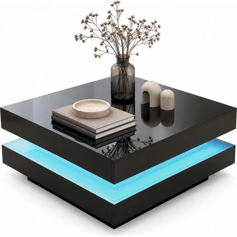 Table basse carrée LED Bluetooth 70 x 70 x 36 cm, finition noire, effet lumineux multicolore, plateau robuste 45 kg, style futuriste - CHICFURN (1/5)