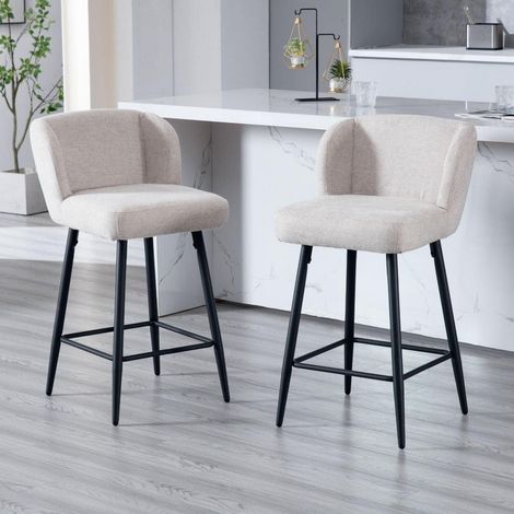 Barhocker 2er Set mit Rückenlehne, Leinenoptik, Metallfüße, Oatmeal (1/5)