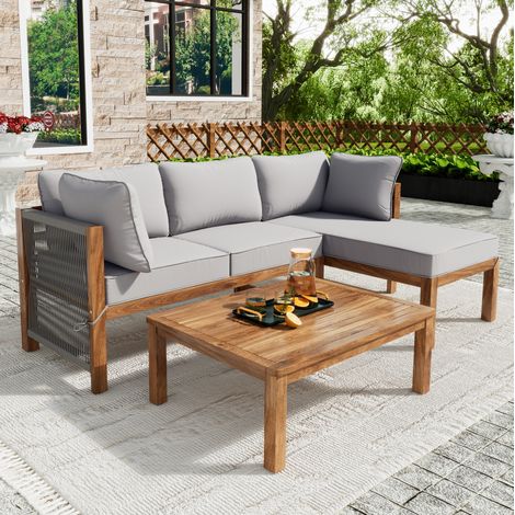 Garten-Loungeset aus Holz und Eisen 4-Sitzer grau, mit abnehmbaren Kissen und Tisch (1/5)