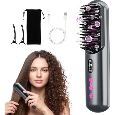 Brosse lissante sans fil, portable et pratique pour les voyages, rechargeable par USB, 9 600 mAh, ion négatif, chauffante, pour femmes et hommes (gris) (1/5)