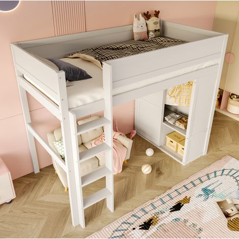 Hochbett 90x200 cm Weiß aus Kiefernholz und MDF mit Kleiderschrank, Staufach und offenem Unterbett (1/5)