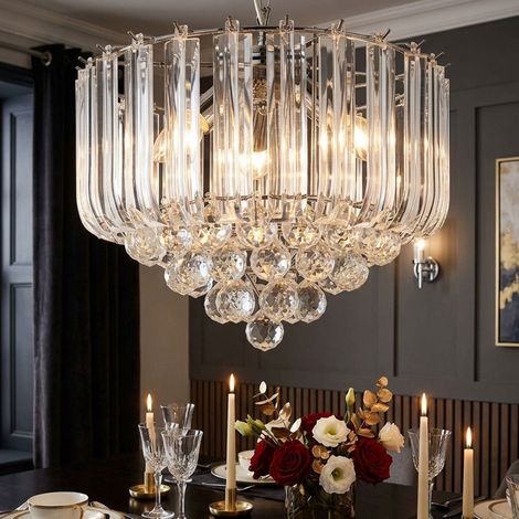Hängeleuchte Kristalle Kronleuchter Kristallleuchte Hängelampe Luster klar, Metall verchromt, 4x LED 6W 380Lm warmweiß, DxH 35x90 cm (1/5)