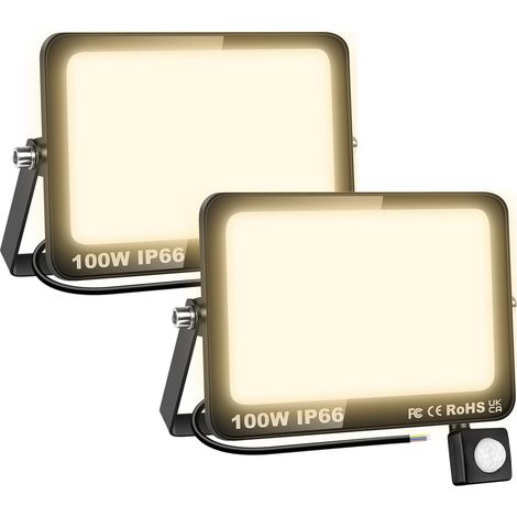 2 Pcs Projecteur led extérieur avec detecteur de mouvement, 100W 10000LM 3000K Blanc Chaud Spot led extérieur, IP66 Étanche eclairage de sécurité floodlight pour Terrasse Garage Jardin