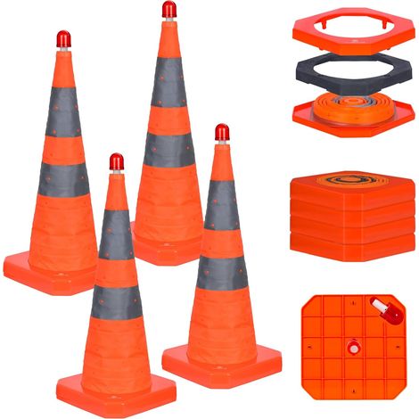 Lot de 4 Cônes de Signalisation Pliables 70 cm avec LED, Cône de Sécurité à Base ABS Lourde (1,8 kg/pièce), Résistant au Vent et Réfléchissant, pour Panne Automobile, Parking et Chantier (1/5)
