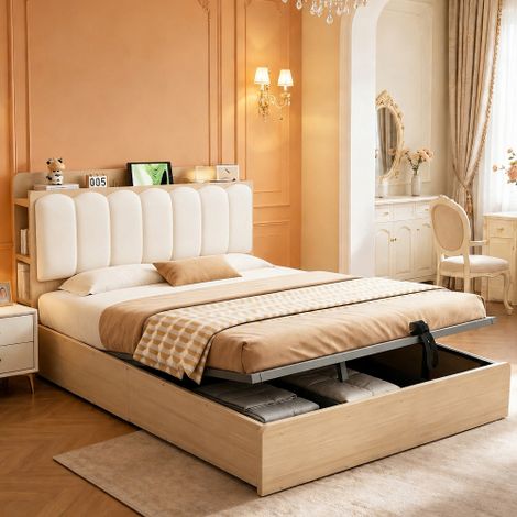 Letto a piattaforma in legno 140 × 200 cm, struttura letto idraulica con vano contenitore, testiera imbottita, testiera con ripiano e vano contenitore, porta USB per luce notturna, colore legno (1/5)