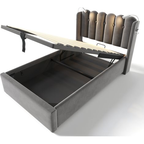 Lit simple capitonné en velours gris 90x200 avec liseuse USB et rangement (1/5)