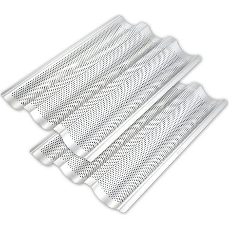 Plaque à baguette française perforée, 38 x 25 cm, 3 vagues, pour four, en acier inoxydable, lot de 2