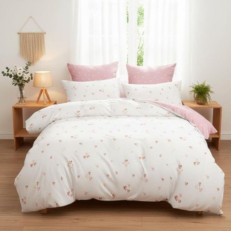 Bettwäsche-Set 135x200 cm mit Herzen, Mikrofaser, Wendebettwäsche, Rosa Weiß