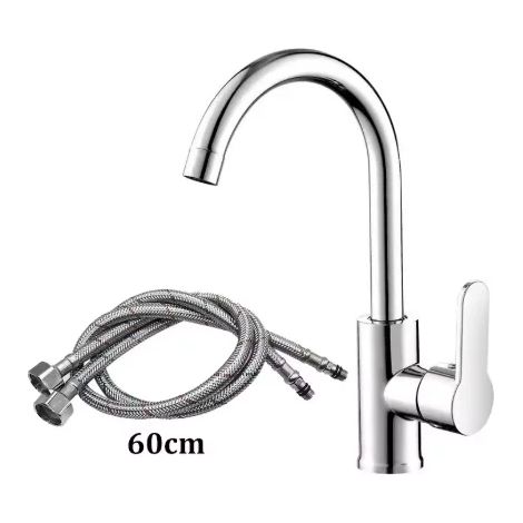 Robinet d'évier à grande courbure (argenté A) pour eau chaude et froide, évier de cuisine, lavabo, robinet pivotant, salle de bain, balcon, robinet de lavabo (1/5)