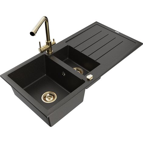 Mexen Andres Granitspüle 1,5-Becken mit Abtropffläche und Küchenarmatur Duero, schwarz/gold - 6515-75-671600-50 (1/5)