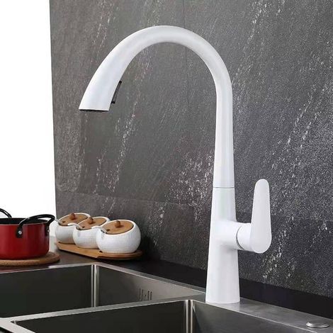 Robinet de cuisine avec douchette extractible, robinet d'évier à double fonction, robinet d'évier pivotant à 360°, robinet de cuisine monotrou en laiton, robinet de cuisine à poignée unique, blanc (1/5)